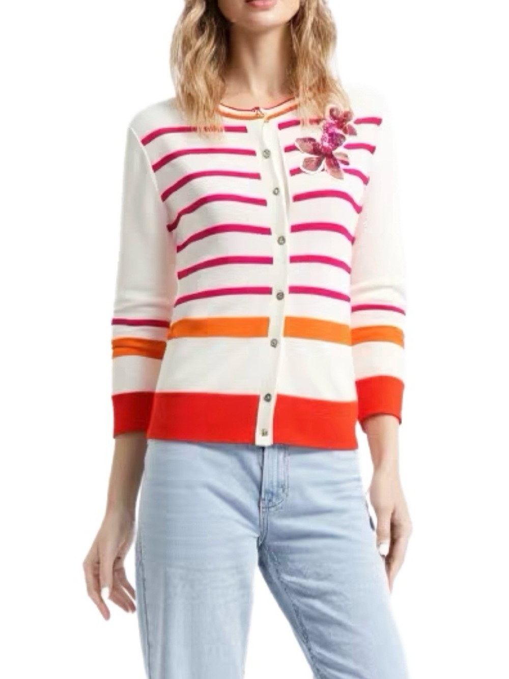 Tommy Hilfiger Floral Appliqué Striped Cardigan Sweater in Pink & Orange Size M